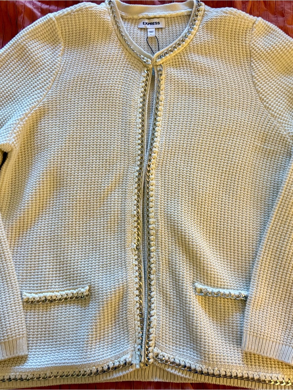 Express Cream Textured Open-Front Knit Blazer with Metal Braided Chain Trim